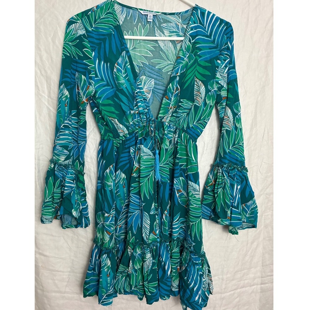 Blue Island Tropical Mini Dress Women XS Green Palm Leaf Bell Sleeve Boho Tassel